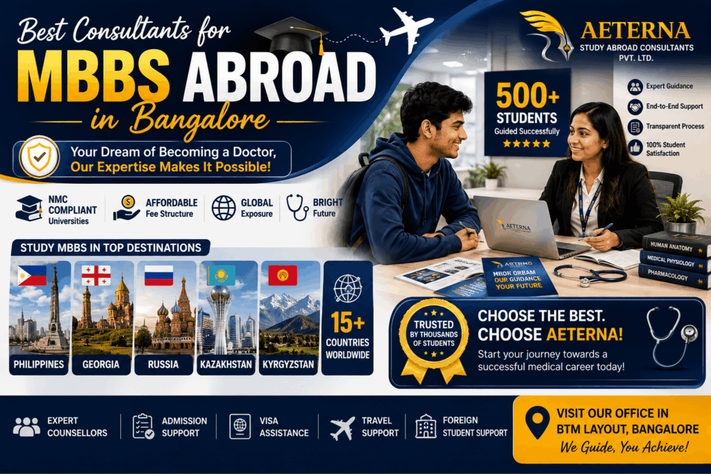 Best consultants for MBBS abroad in Bangalore helping students secure admission to NMC-compliant medical universities in the Philippines, Georgia, Russia, Kazakhstan, and Kyrgyzstan with expert guidance from Aeterna.